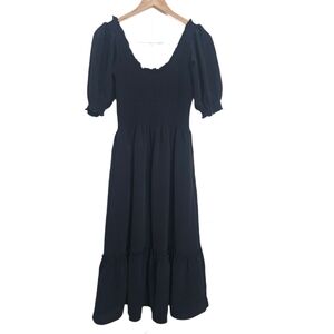 Hill House Home The Nap Dress Loisa Black Smocked Midi Puff Sleeve Size S